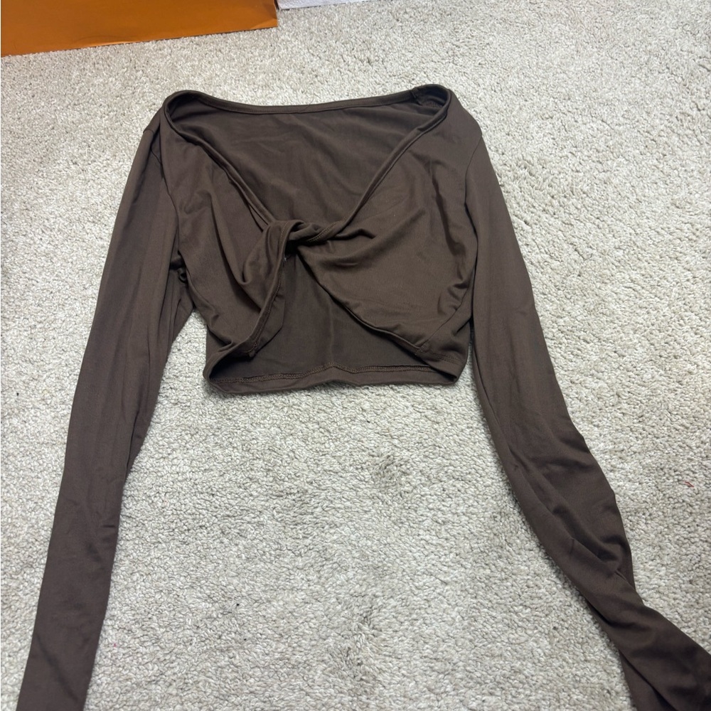 Brown Long Sleeve Twist Front Top